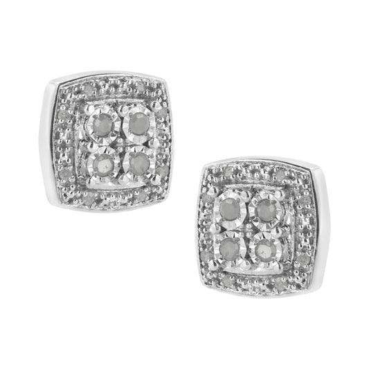 Pair of white metal square-shaped stud earrings with round white gemstones in miracle setting, shown at a slight angle.