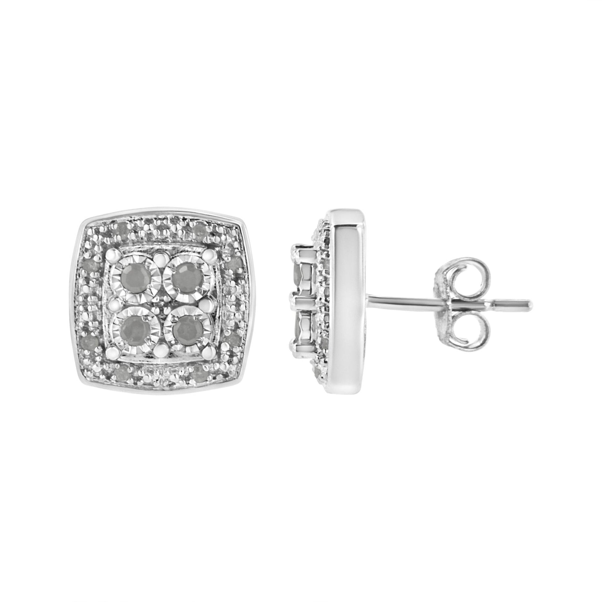 Front and side views of square-shaped white metal earrings with round white gemstones in a miracle setting.