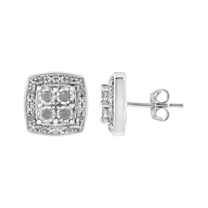 Front and side views of square-shaped white metal earrings with round white gemstones in a miracle setting.