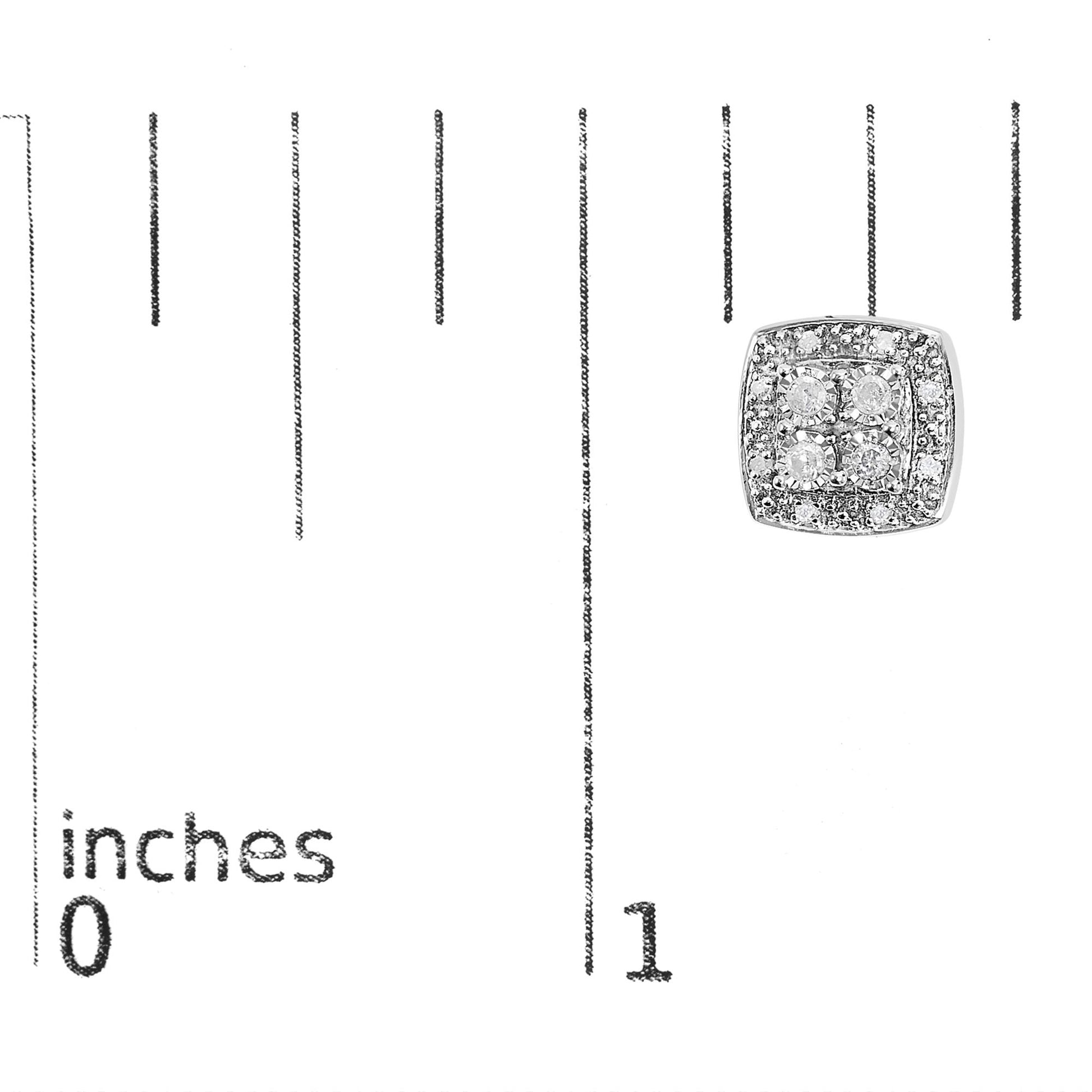 Close-up top view of a white metal square earring with round white gemstones in a miracle setting, placed on a ruler for size reference.