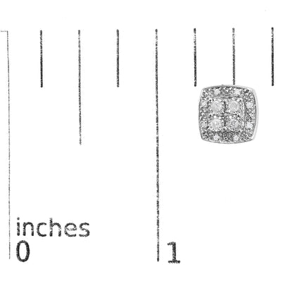 Close-up top view of a white metal square earring with round white gemstones in a miracle setting, placed on a ruler for size reference.