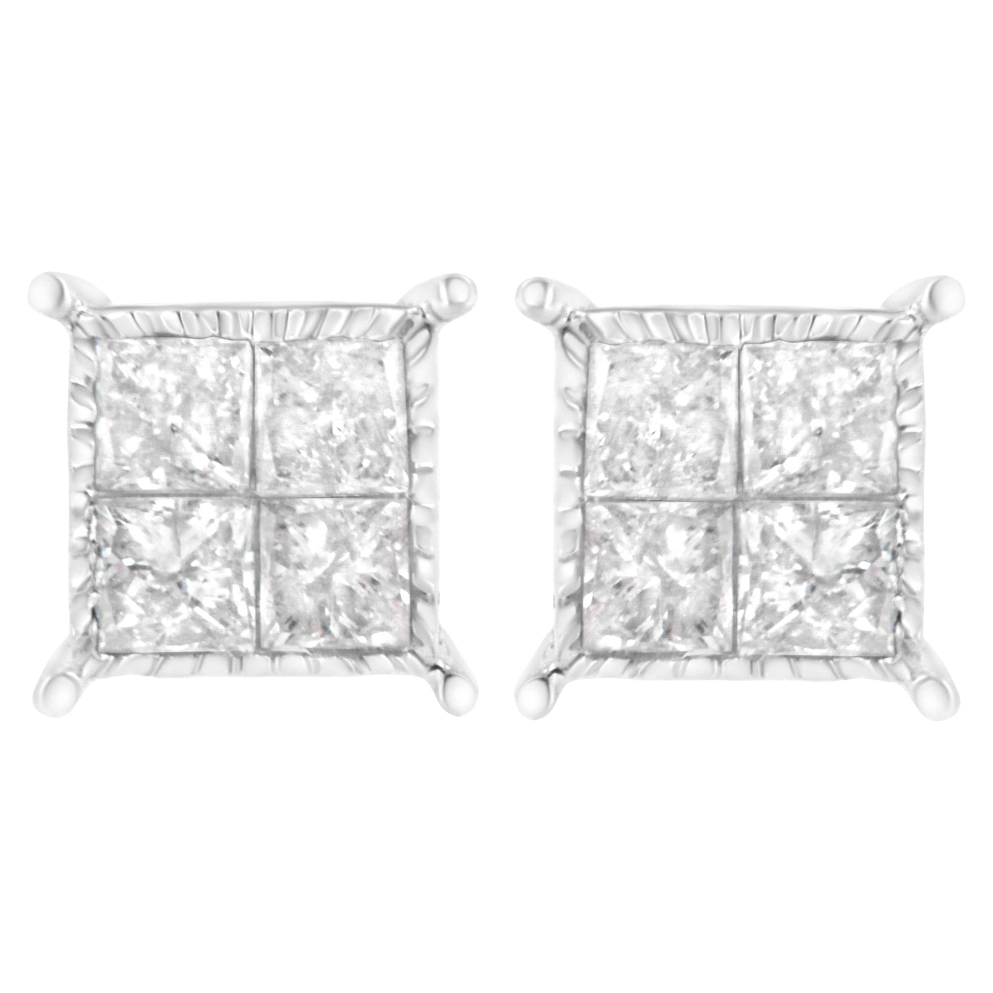 Close-up front view of white metal square earrings with multiple princess shaped white gemstones in invisible setting.