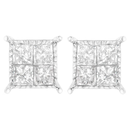 Close-up front view of white metal square earrings with multiple princess shaped white gemstones in invisible setting.