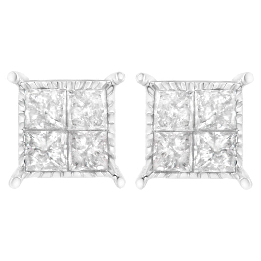 Close-up front view of white metal square earrings with multiple princess shaped white gemstones in invisible setting.