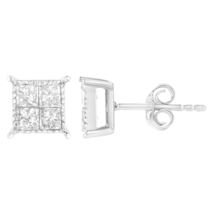Close-up front and side view of white metal square earrings featuring princess-shaped white gemstones in invisible setting.