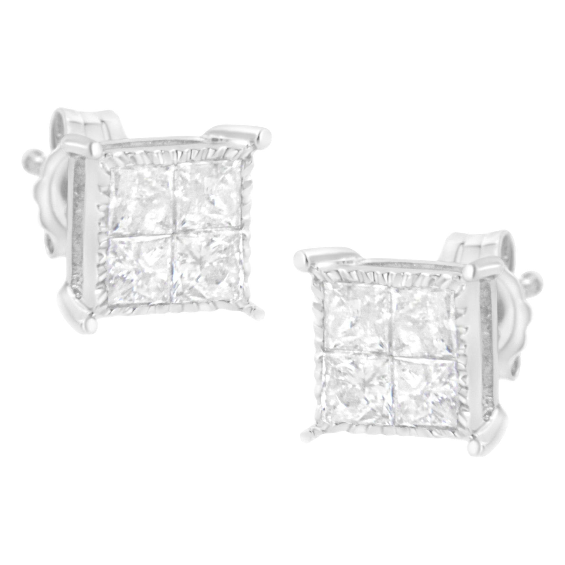 Pair of white metal stud earrings with square cluster of white gemstones in invisible setting, front angle.