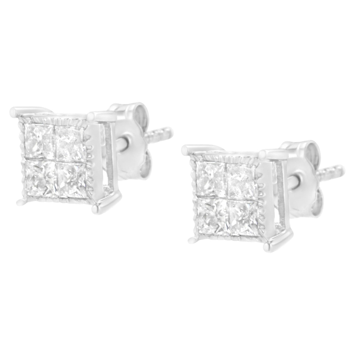 Pair of white metal stud earrings with square clusters of princess-shaped white gemstones in an invisible setting, front angled view.