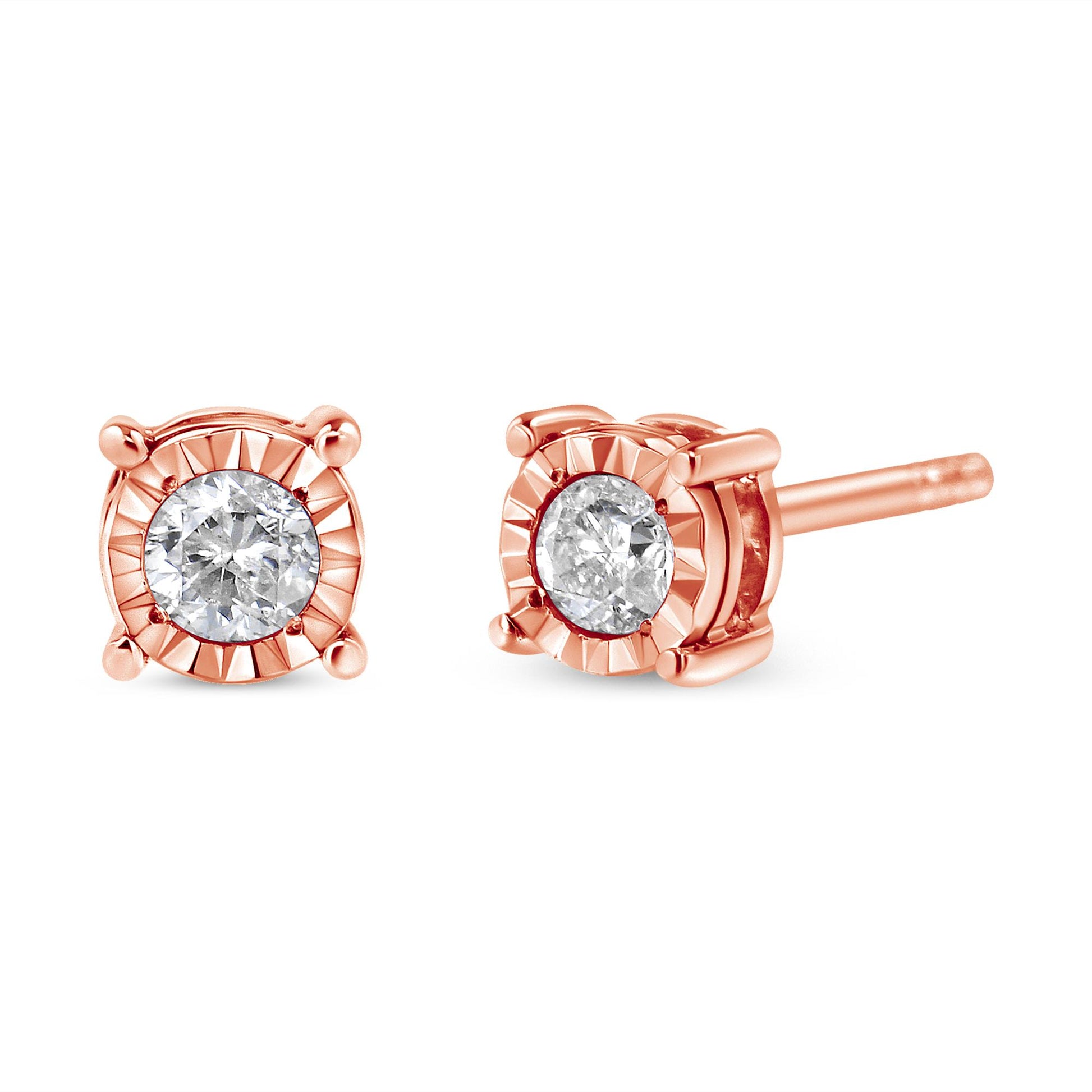 Close-up front and side view of rose metal stud earrings with round white gemstones in miracle settings.