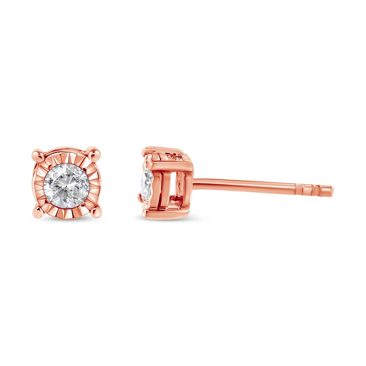 Close-up front and side view of rose metal stud earrings with round white gemstones in miracle setting.