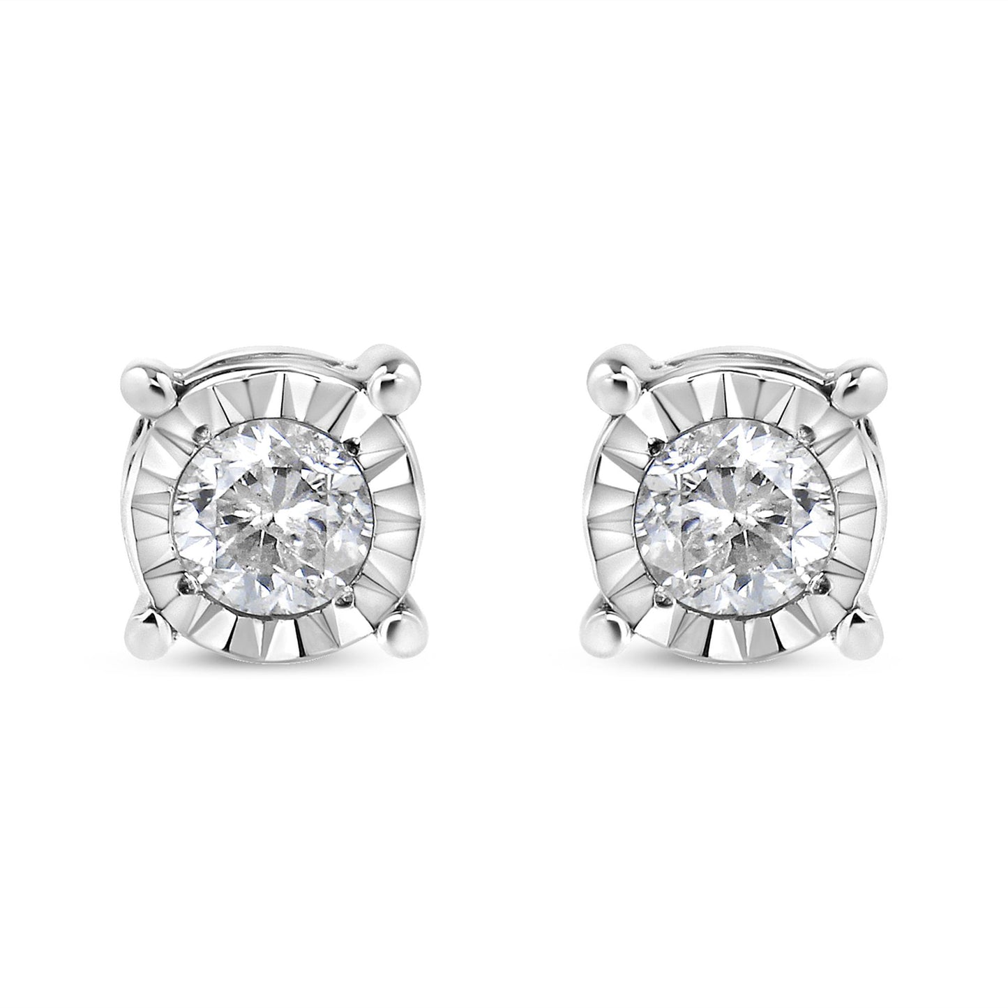 Front view of a pair of white metal stud earrings each featuring a round white gemstone in miracle setting.
