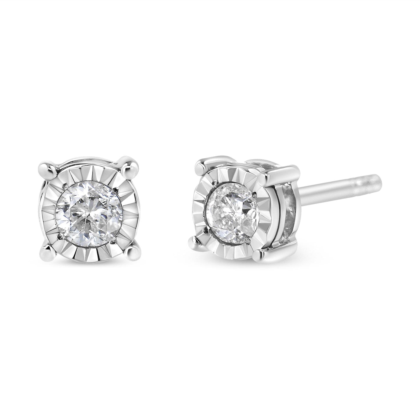 White metal round stud earrings with white round gemstones in miracle setting, shown from front and side angles.