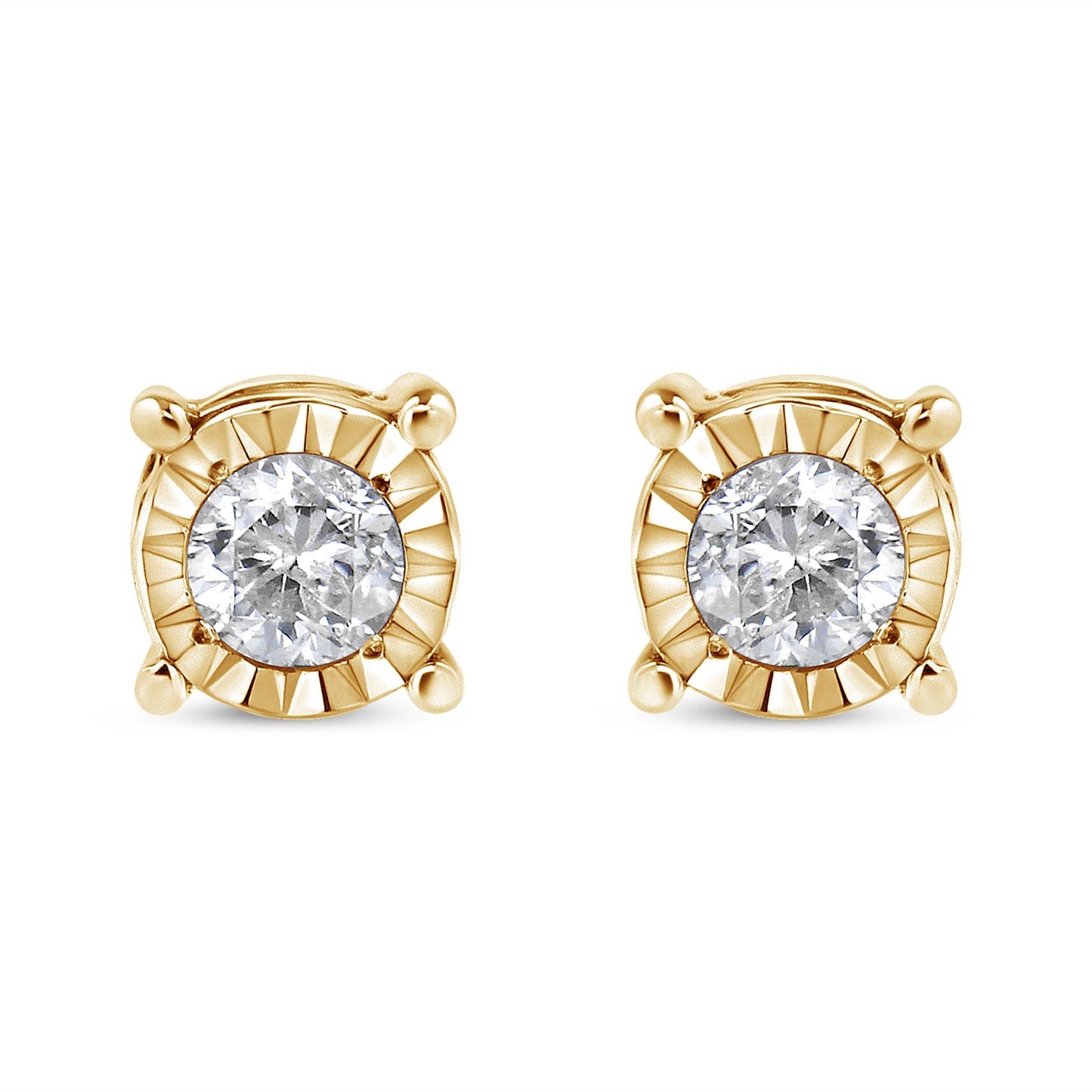 Front view of a pair of yellow metal stud earrings with round white gemstones in miracle settings.