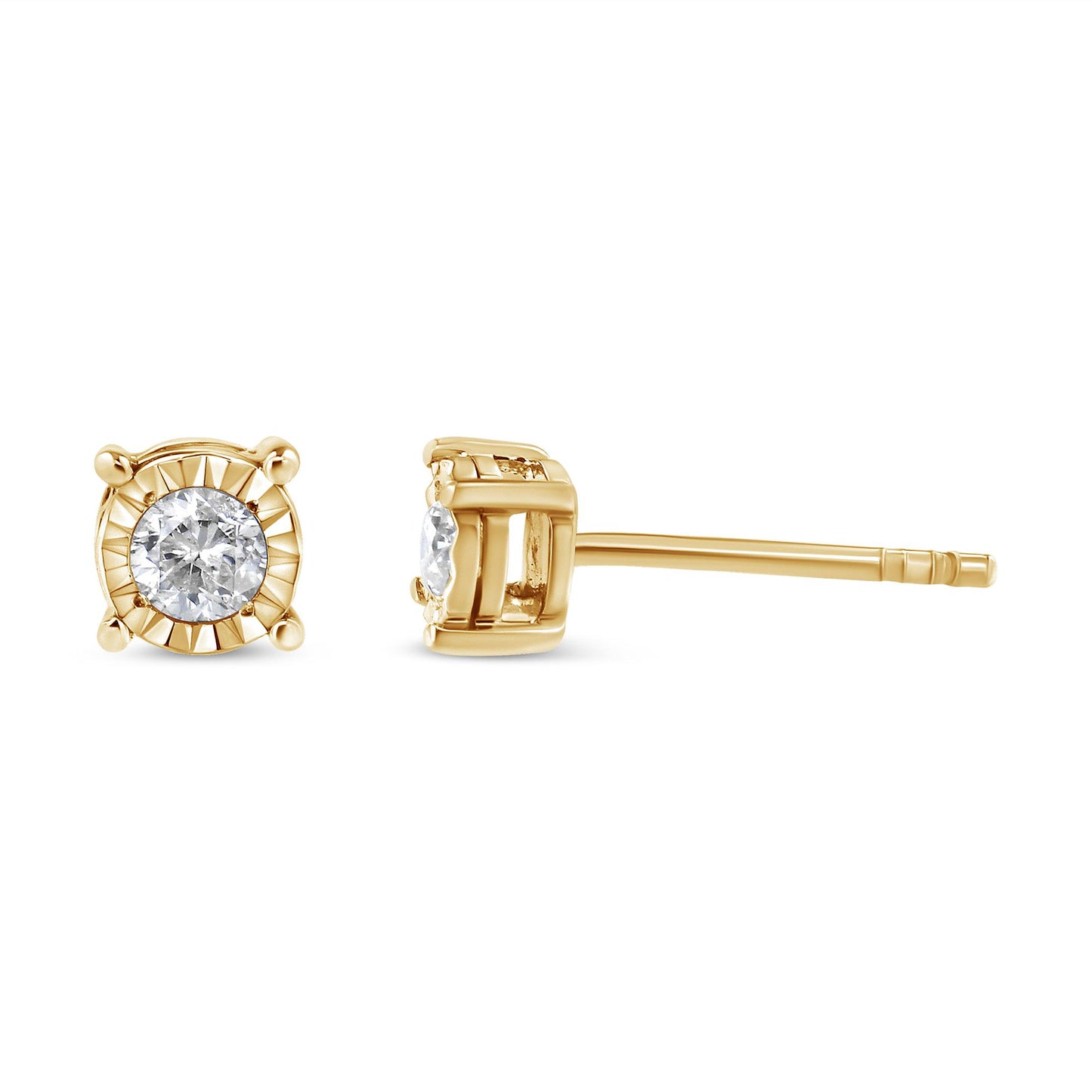 Close-up front and side view of yellow metal stud earrings with a round white gemstone in a miracle setting.