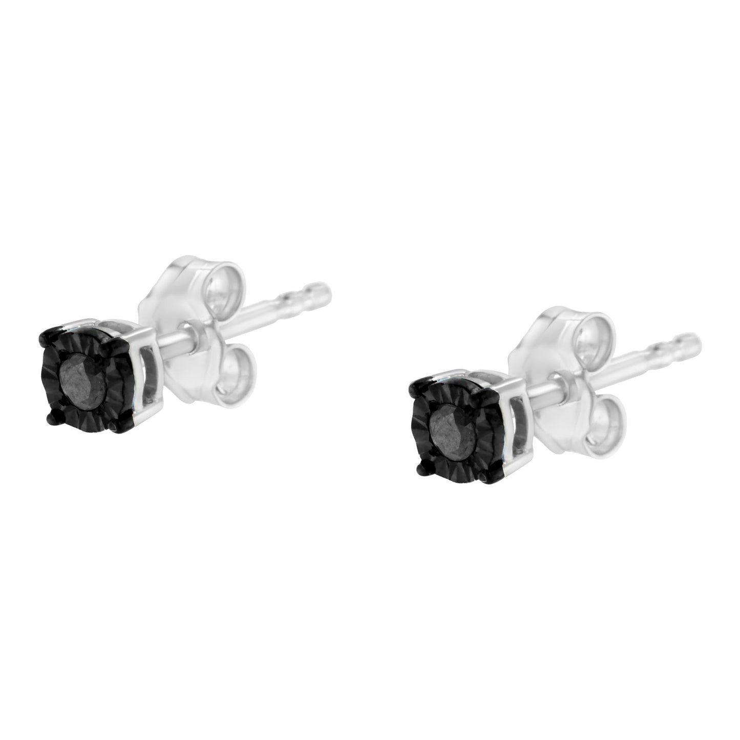 Pair of white and black stud earrings with round black gemstones in miracle settings, shown from a front angle.