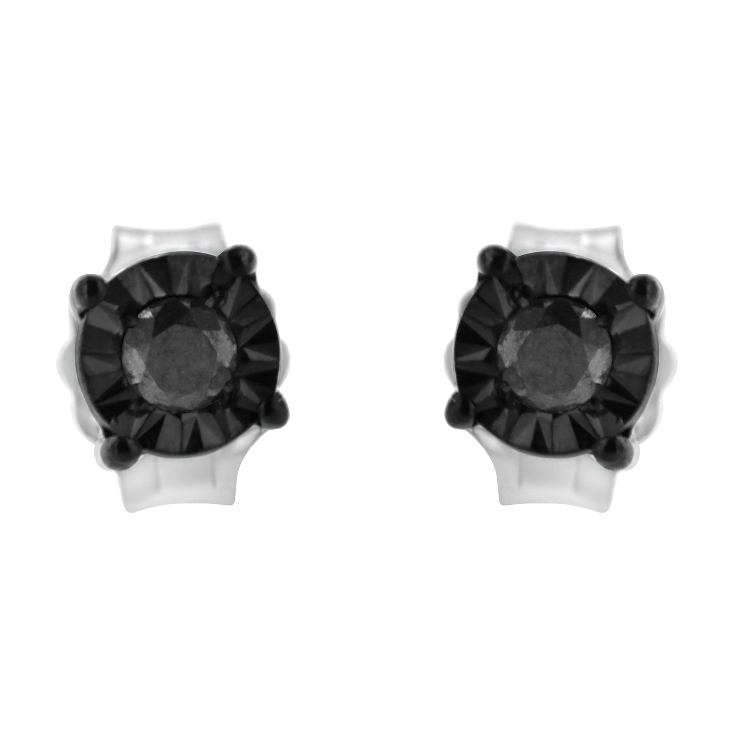 Front angle view of a pair of stud earrings with round black gemstones set in white and black metal.