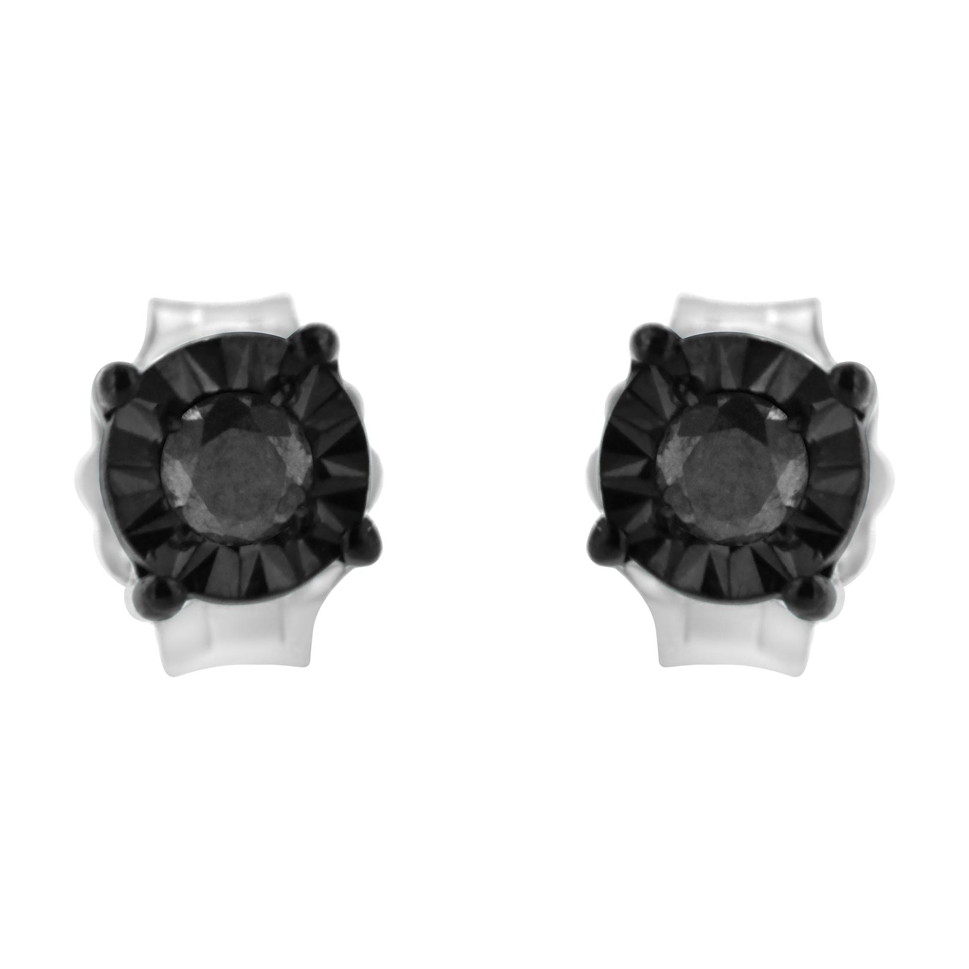 Front angle view of a pair of stud earrings with round black gemstones set in white and black metal.