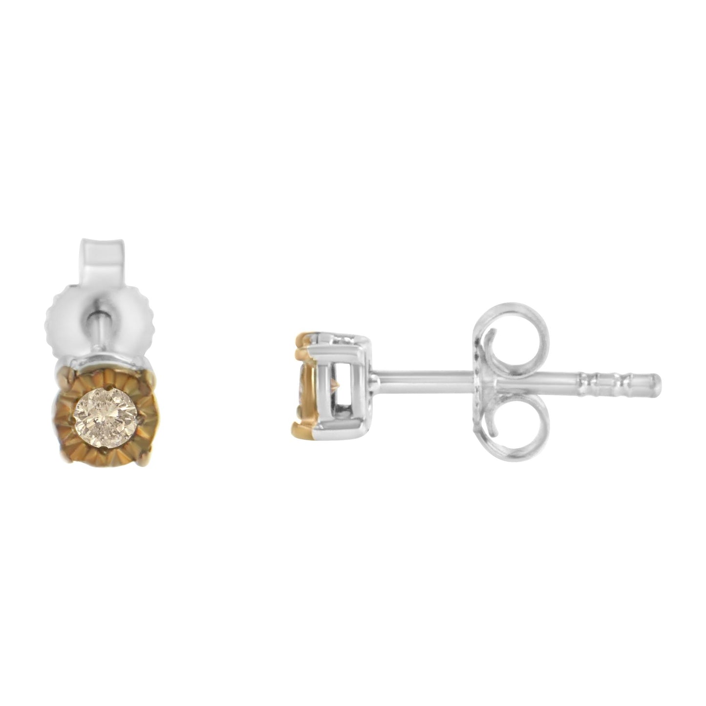 Front and side views of a two-toned stud earring featuring a round champagne-colored gemstone in a miracle setting.