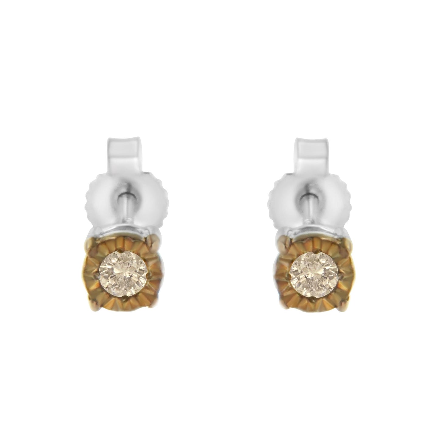 Front view of two-toned stud earrings each featuring a round champagne-colored gemstone in a miracle setting.