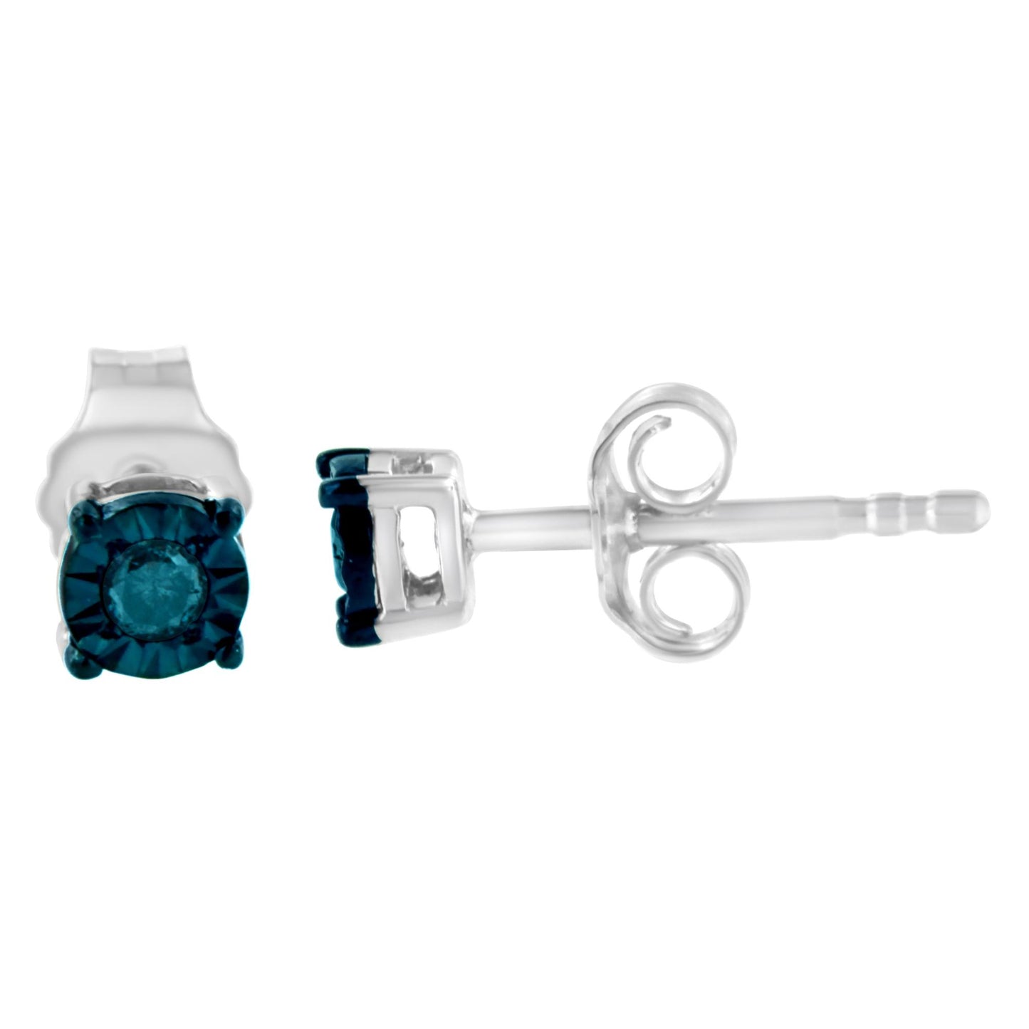 Front and side view of a white metal stud earring with a round blue gemstone in a miracle setting.