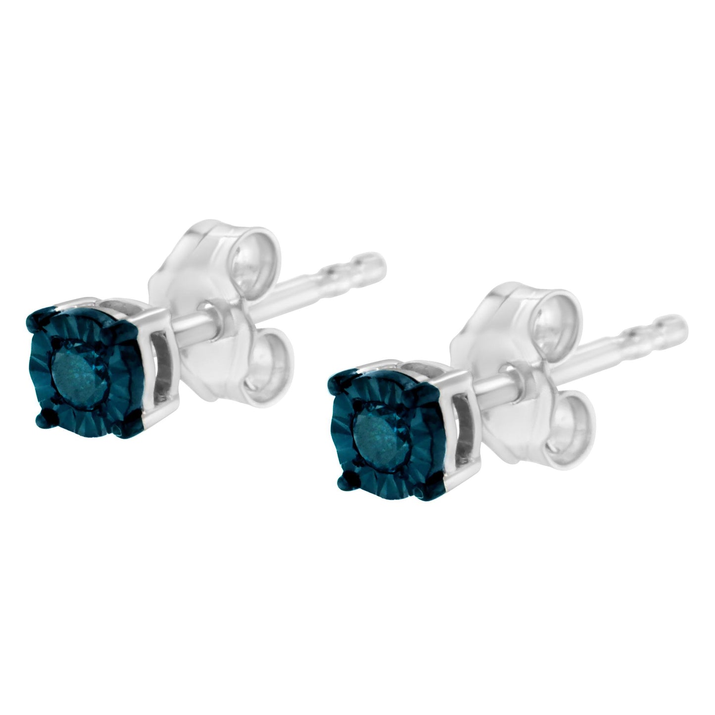 Close-up front angle of a pair of white metal stud earrings each featuring a round blue gemstone in a miracle setting.