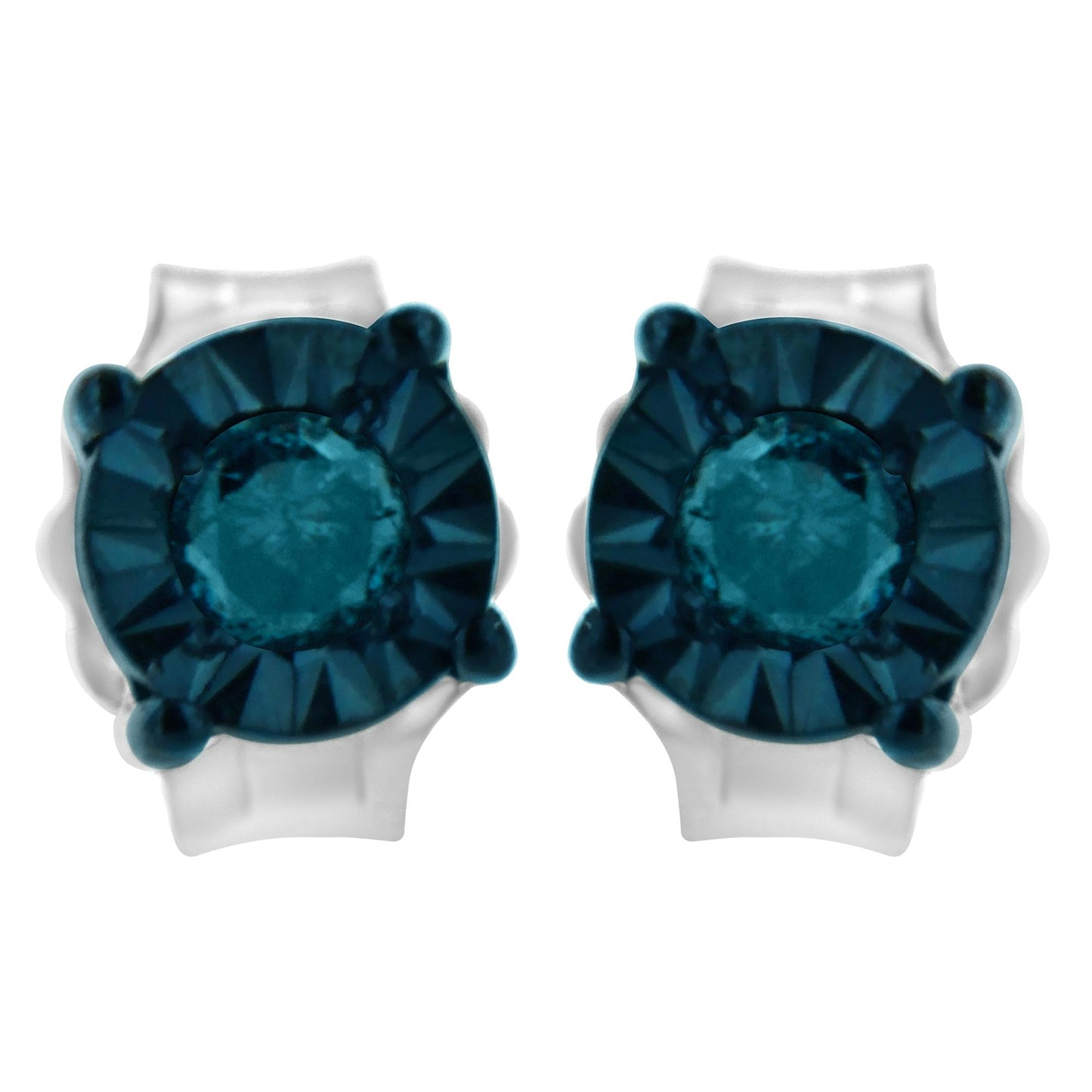 Close-up front view of white metal stud earrings with round blue gemstones in a miracle setting.
