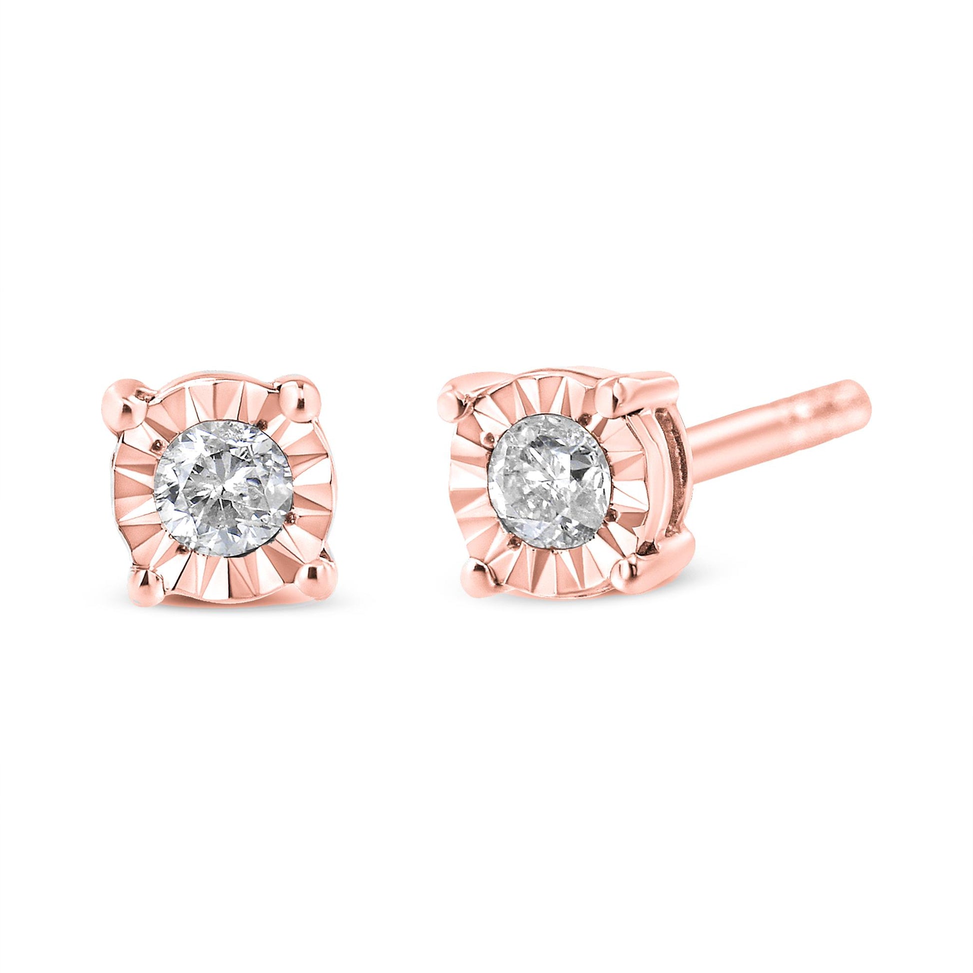 Close-up front and side angle view of rose metal stud earrings featuring round white gemstones in miracle settings.