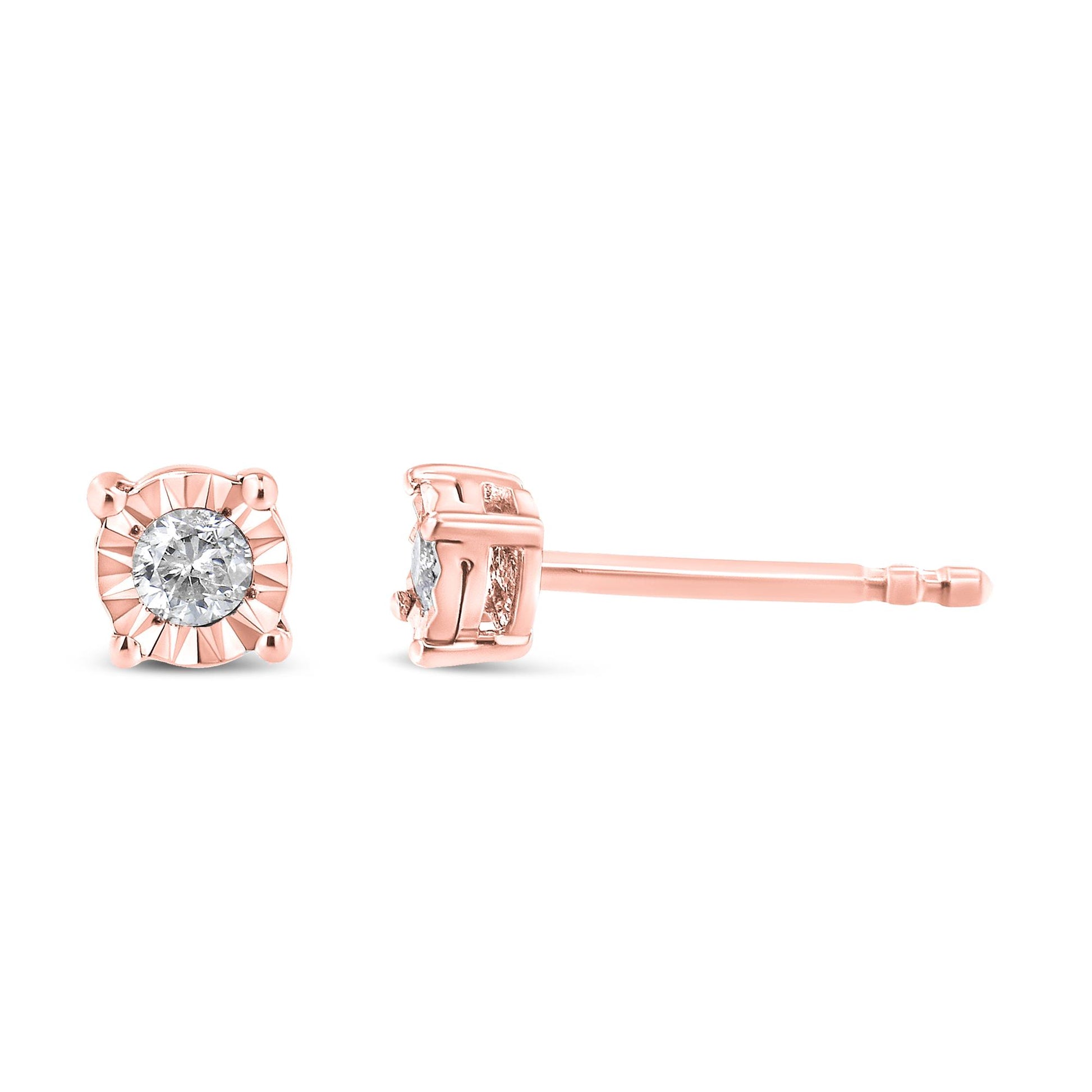 Rose metal stud earrings with round white gemstones in miracle setting, shown from front and side angles.