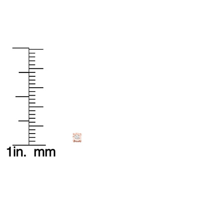 Close-up front angle of a single rose-colored earring with a round white gemstone in a miracle setting, shown on a ruler for size reference.