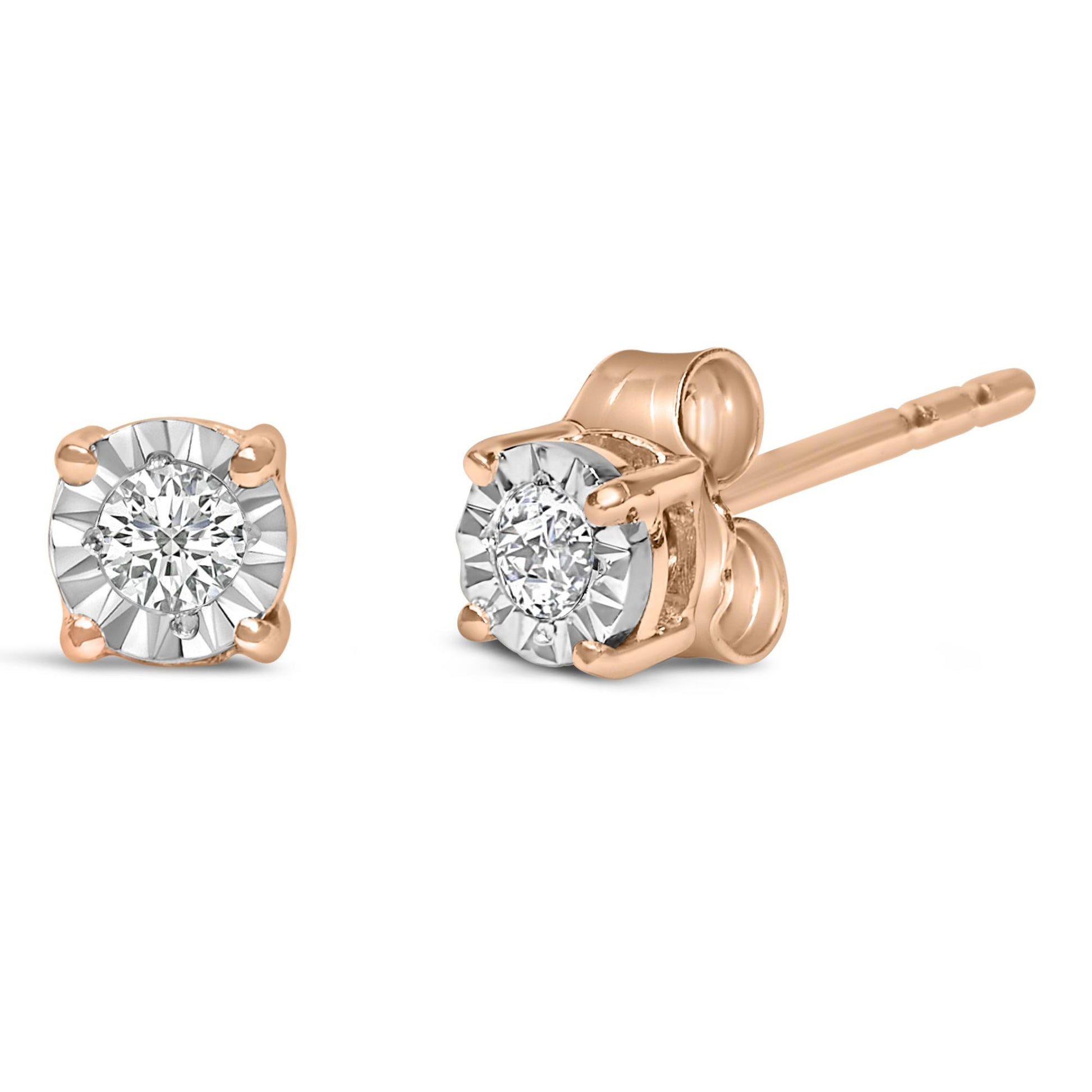 Close-up front and side view of rose-colored stud earrings with round white gemstones in a miracle setting.