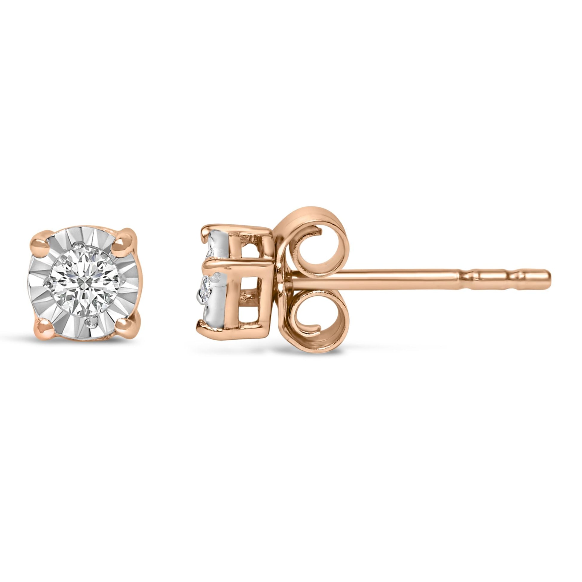 Close-up front and side view of a pair of rose metal stud earrings with round white gemstones in miracle settings.