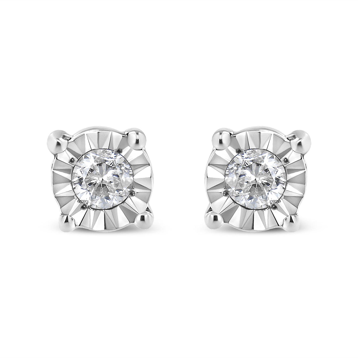 Front-facing view of a pair of white metal stud earrings, each featuring a round white gemstone in a miracle setting with polished prongs.