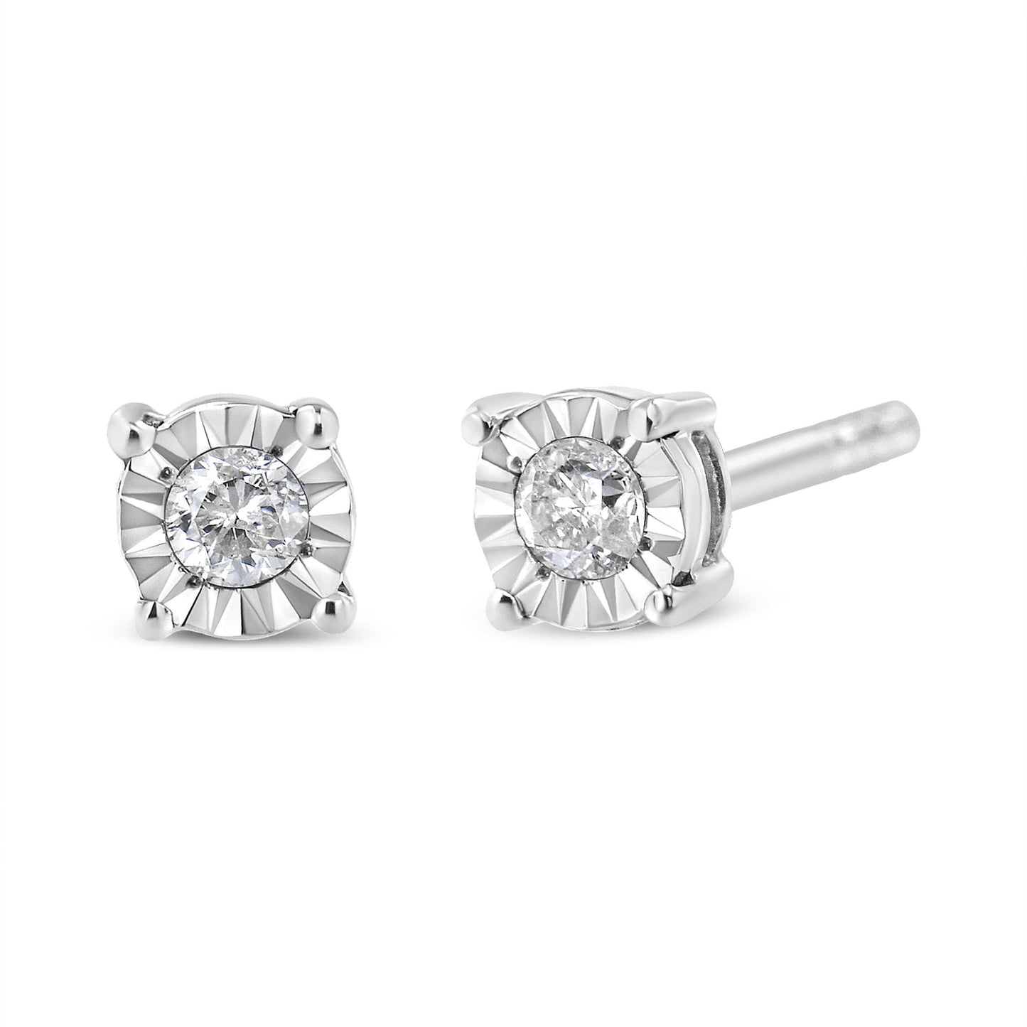 Close-up front and side angle of white stud earrings with round white gemstones in miracle setting.