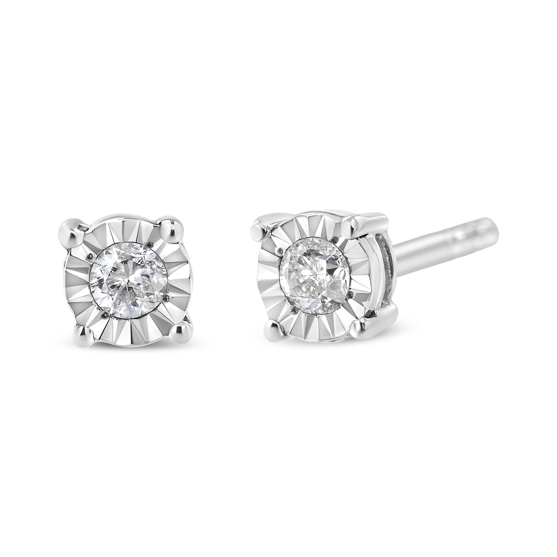 Close-up front and side angle of white stud earrings with round white gemstones in miracle setting.