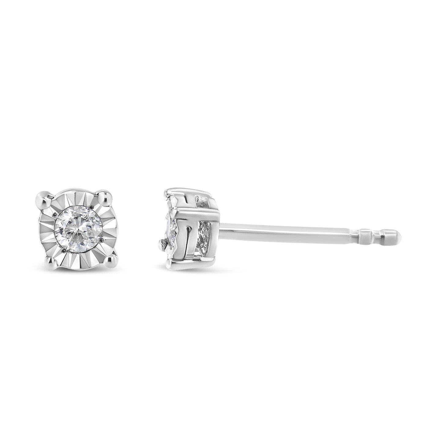 White metal stud earrings with round white gemstones in miracle setting, shown from front and side angles.