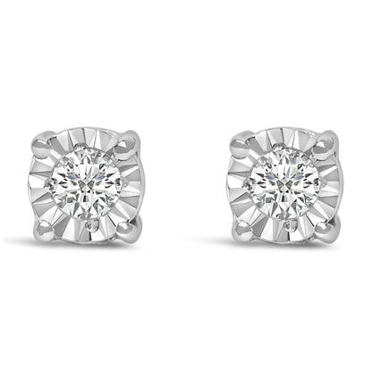 Front angle view of a pair of white metal stud earrings featuring a central round white gemstone in a miracle setting.