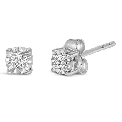 Pair of white metal stud earrings with round white gemstones in a miracle setting, shown from front and side angles on a white background.