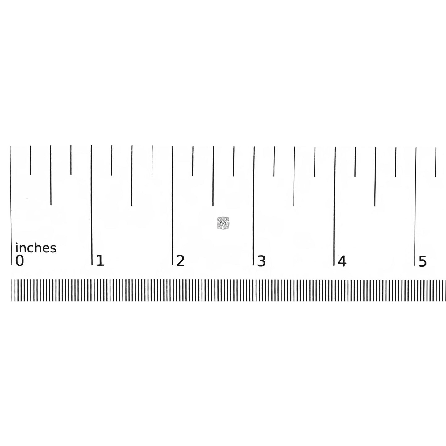 Close-up front view of small white metal stud earrings with round white gemstones, shown on a ruler for size reference.