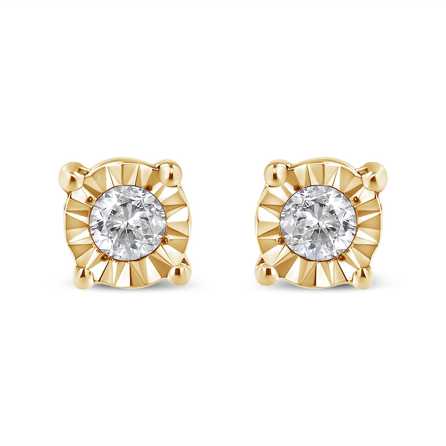 Front view of yellow metal earrings with round white gemstones in miracle settings.