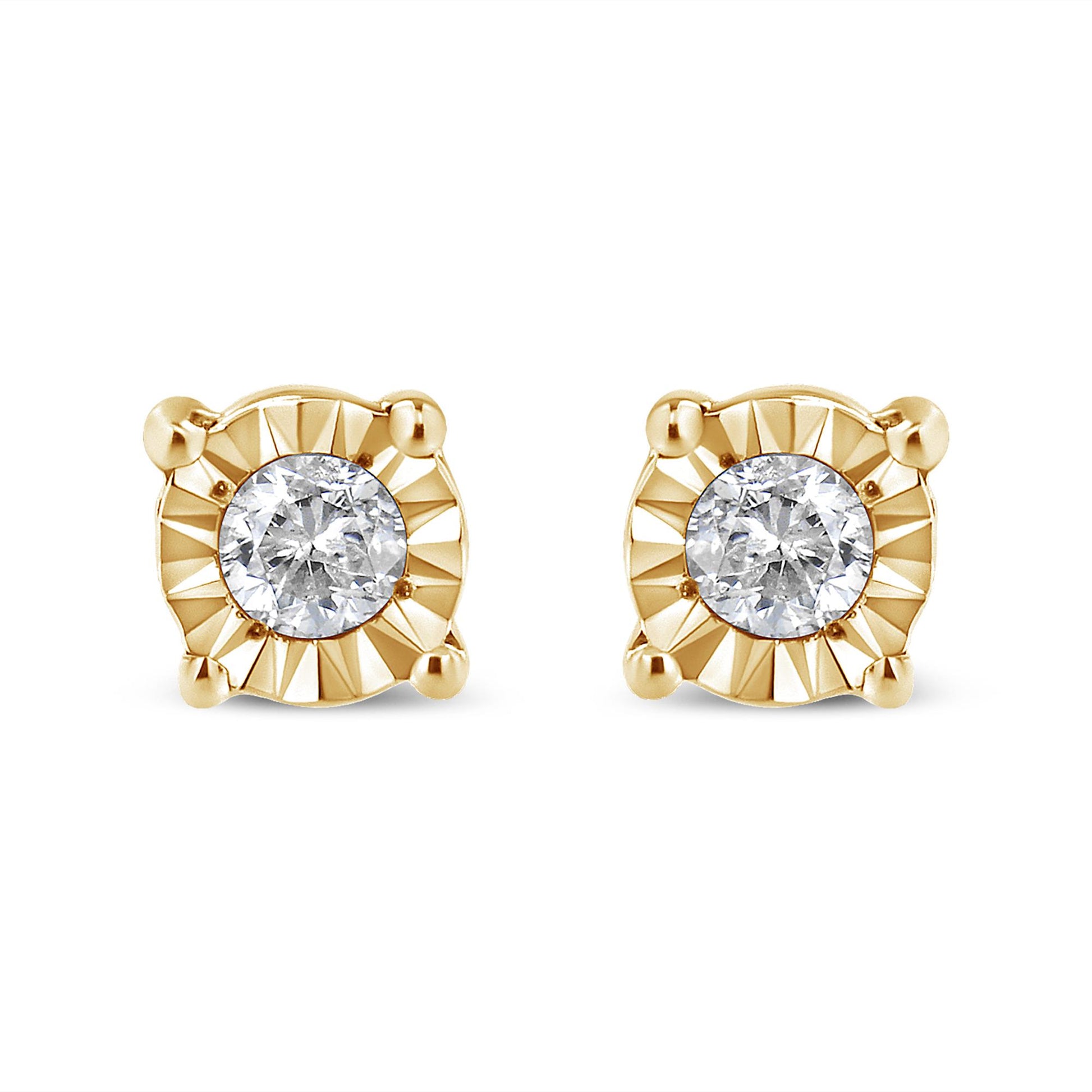 Front view of yellow metal earrings with round white gemstones in miracle settings.