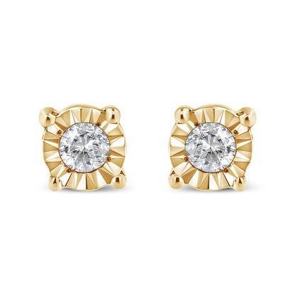 Front view of yellow metal earrings with round white gemstones in miracle settings.