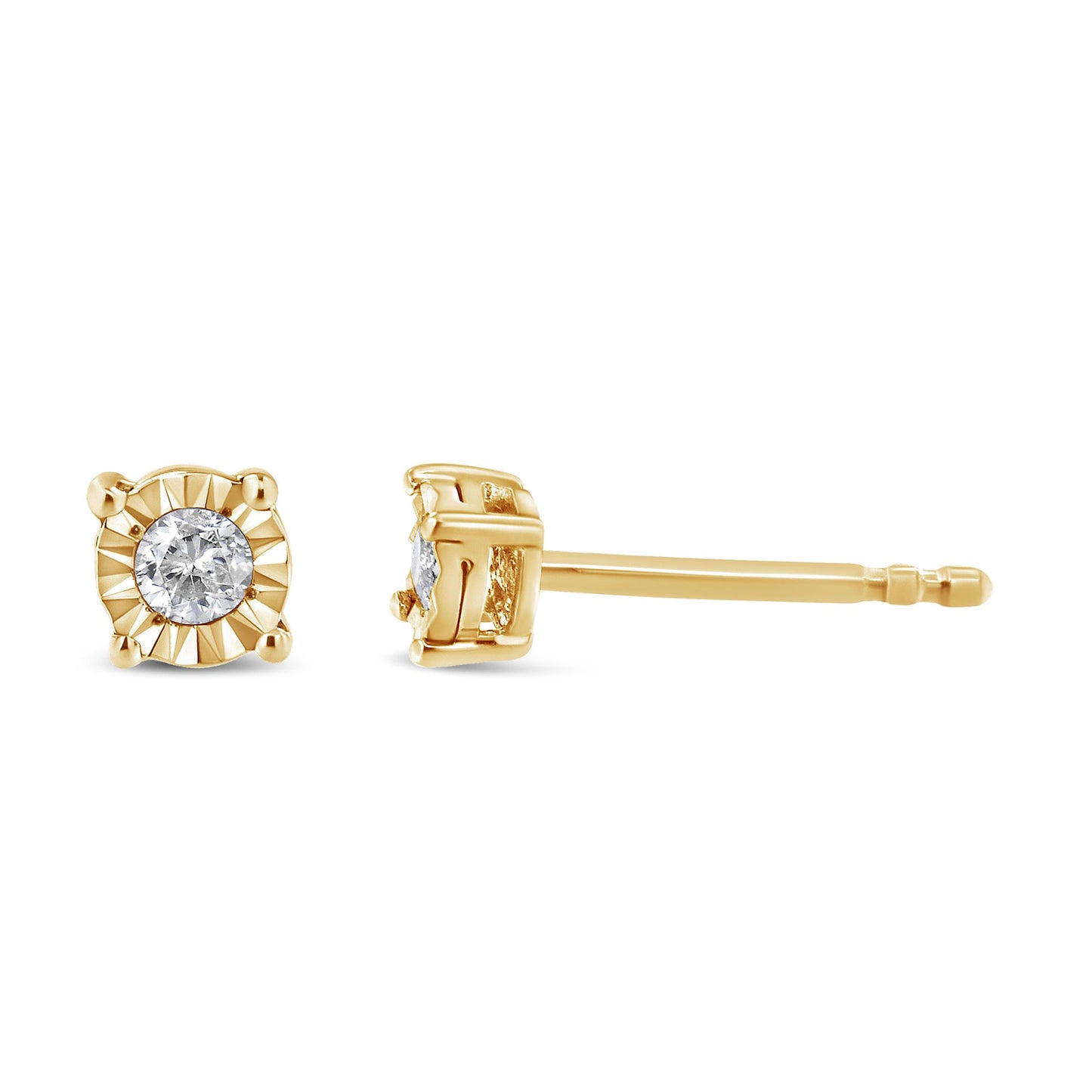 Pair of yellow metal stud earrings with round white gemstones in miracle settings, shown from front and side angles.