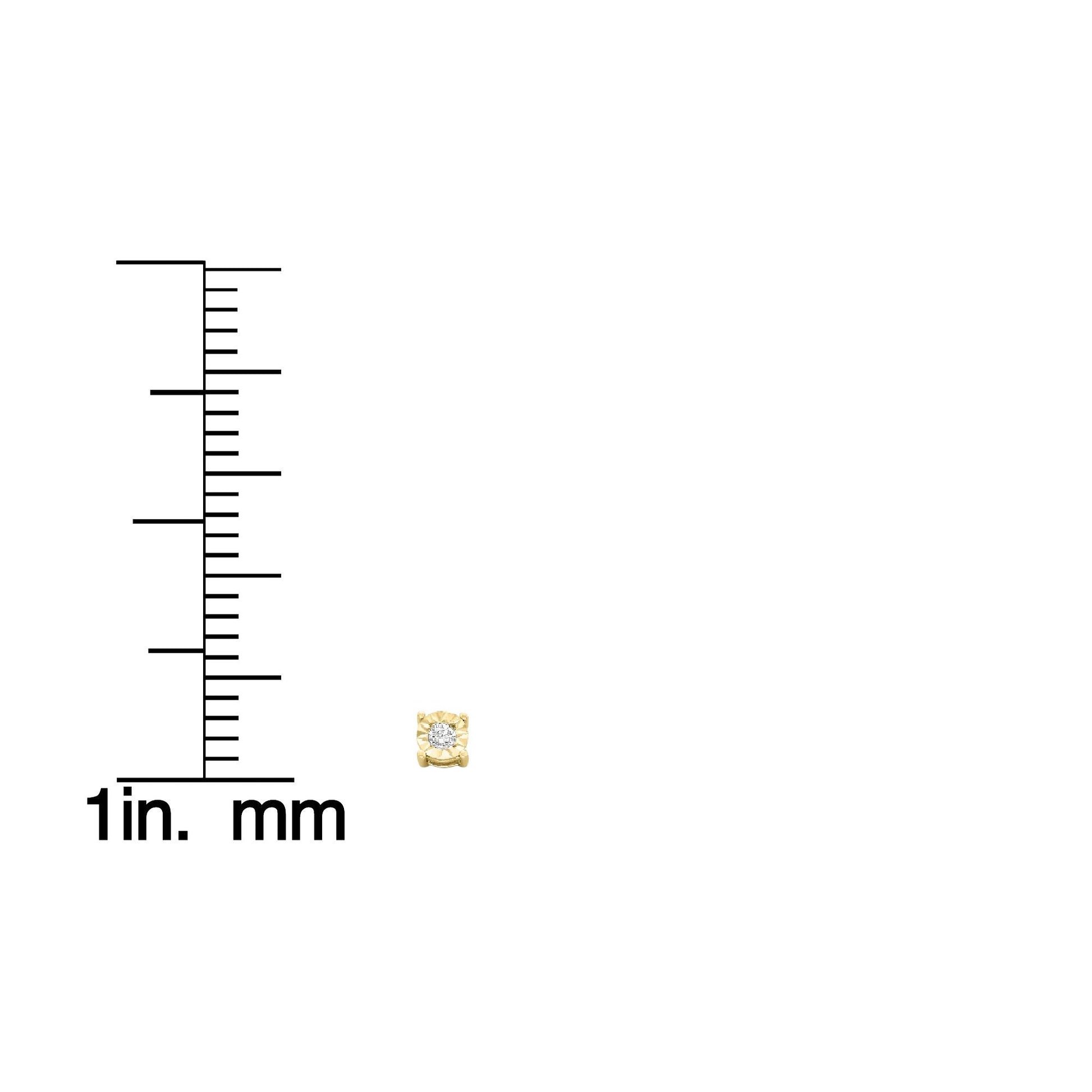 Close-up front angle of a single yellow metal earring with a round white gemstone in a miracle setting, shown next to a scale for size reference.