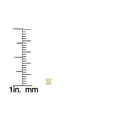 Close-up front angle of a single yellow metal earring with a round white gemstone in a miracle setting, shown next to a scale for size reference.