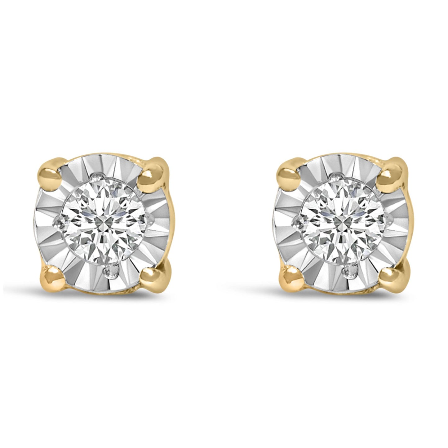 Front view of a pair of yellow metal stud earrings with round white gemstones in miracle settings.