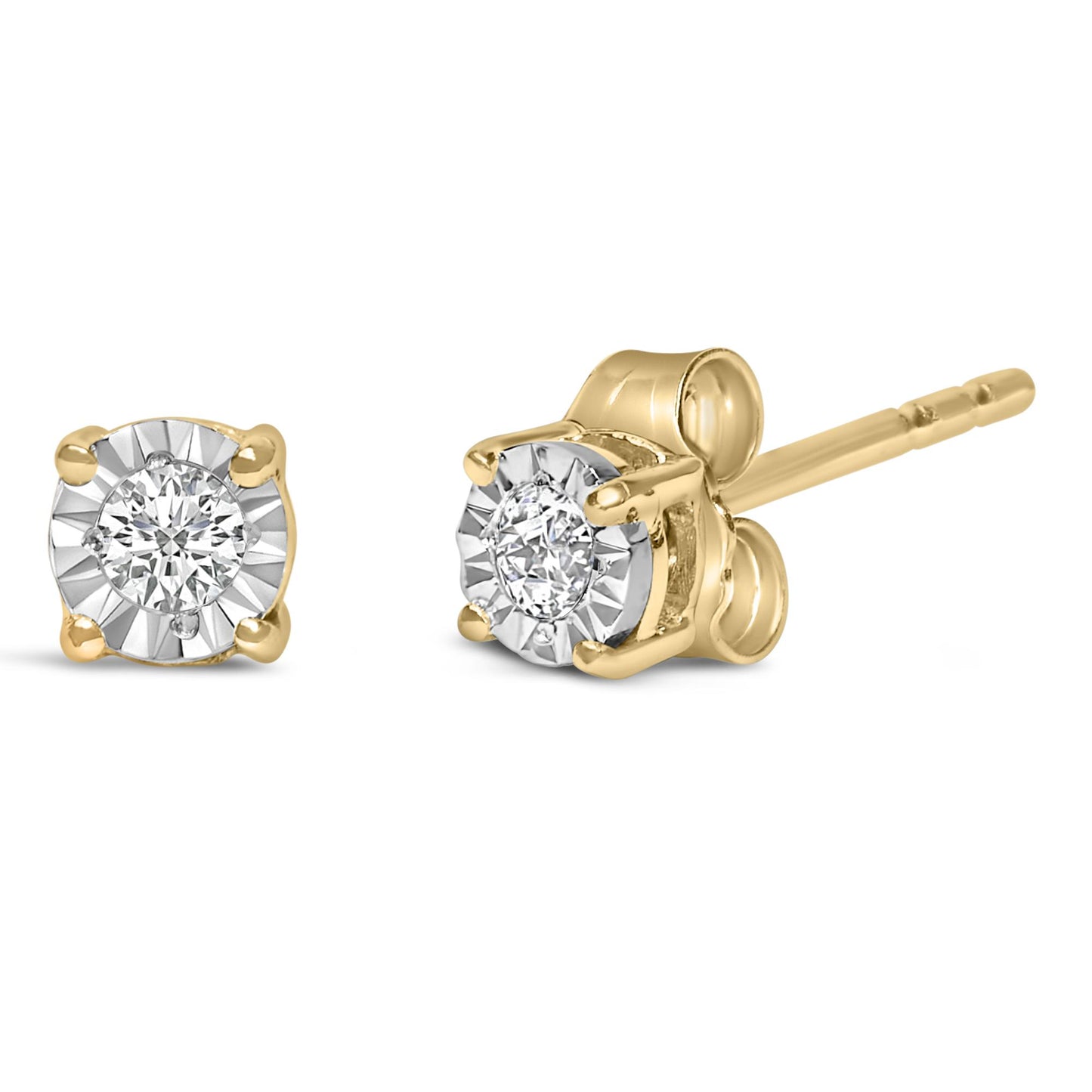 Pair of yellow metal stud earrings with round white gemstones in miracle setting, shown at front and side angles.