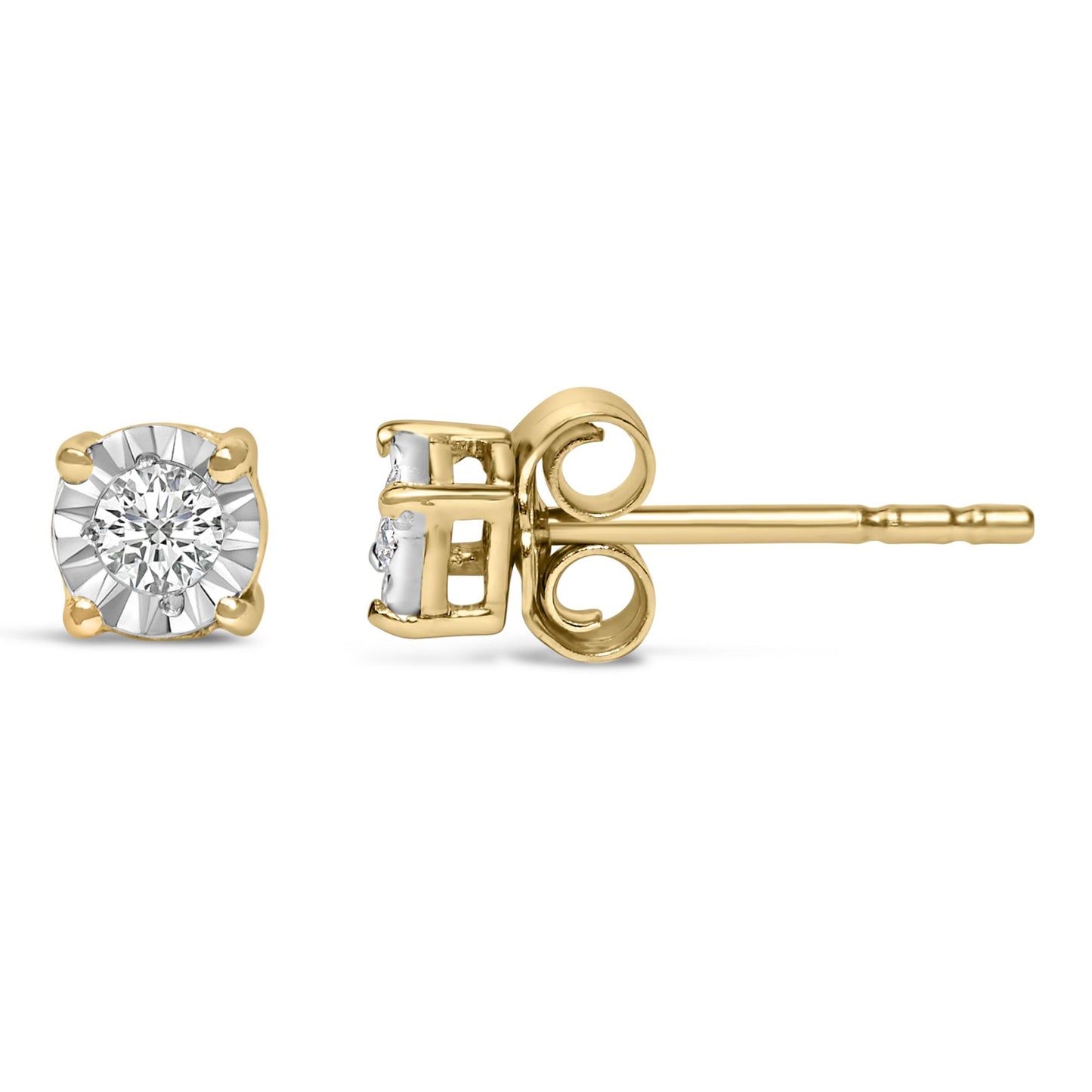 Pair of yellow metal stud earrings with round white gemstones in miracle settings, one shown from the front and one from the side on a white background.