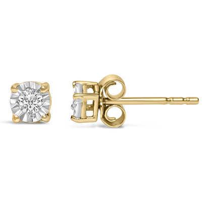 Pair of yellow metal stud earrings with round white gemstones in miracle settings, one shown from the front and one from the side on a white background.