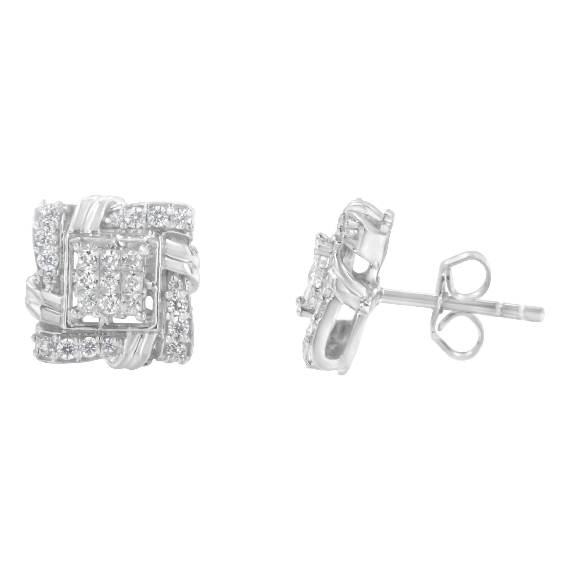 White metal square-shaped earrings with round and princess-shaped white gemstones, shown from front and side angles on a white background.