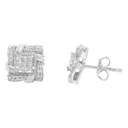 White metal square-shaped earrings with round and princess-shaped white gemstones, shown from front and side angles on a white background.
