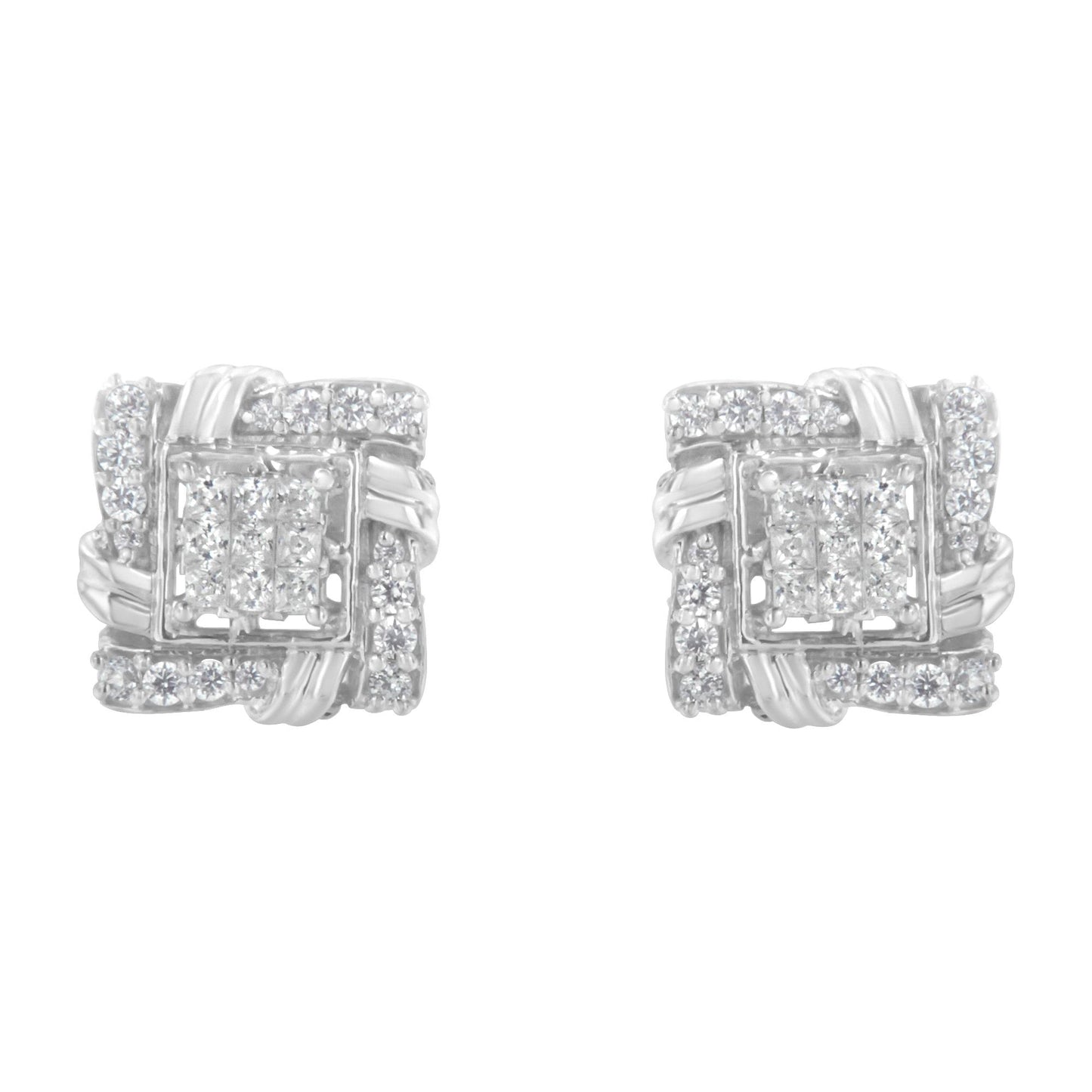 Front view of a pair of white metal square-shaped earrings featuring white round gemstones in prong settings and white princess gemstones in invisible settings.